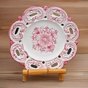 Portuguese Pink Vestal Reticulated 8" Ceramic  Decorative Plate Hand Painted
